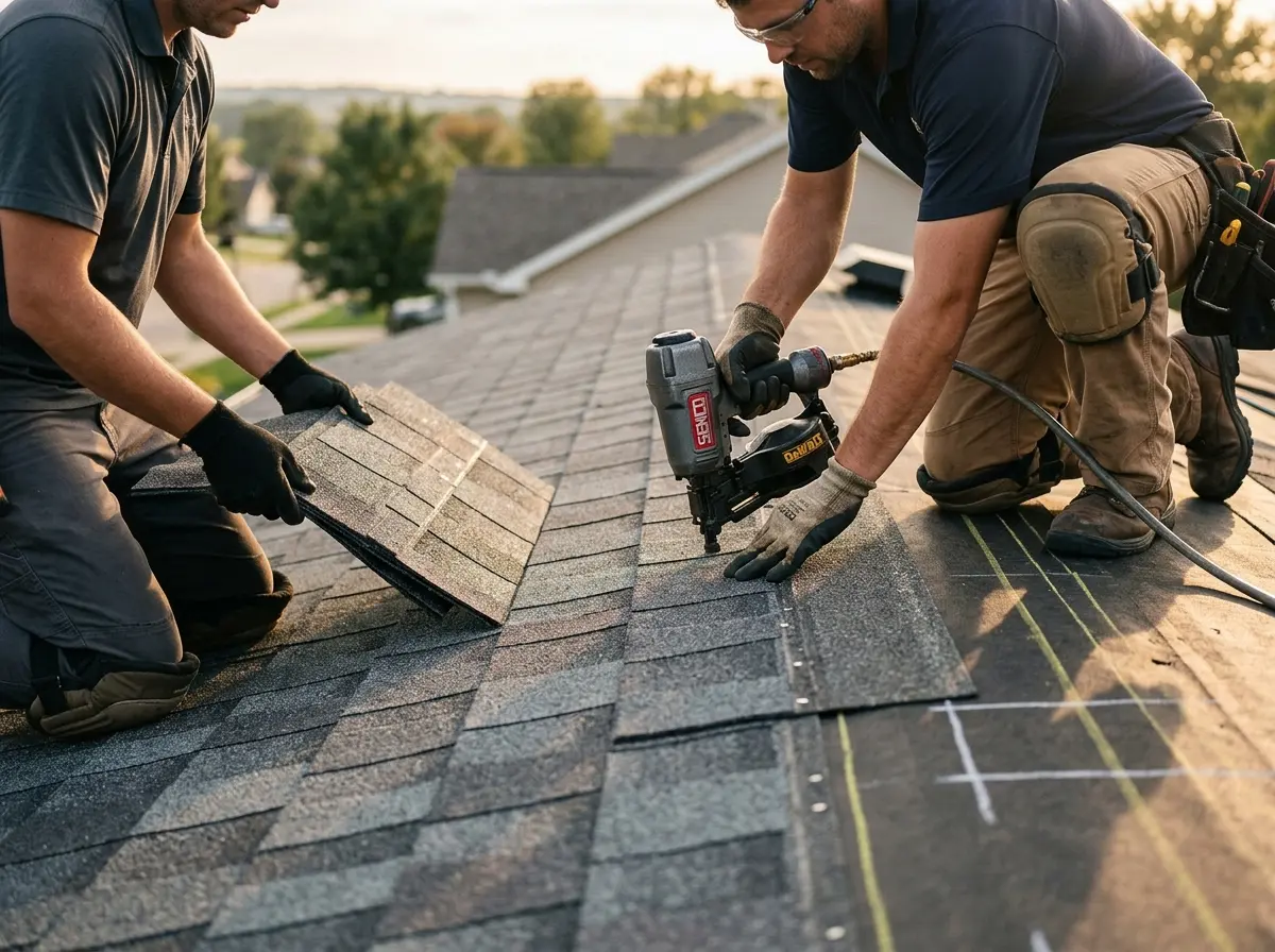 Professional roofer working on a residential roof in Waupaca